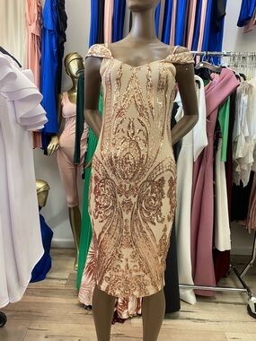 Elegant Off-Shoulder Sequin Sheath Dress - Blush
